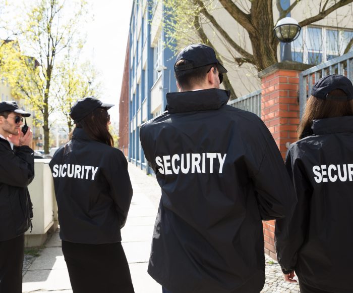 Rear,View,Of,Security,Guards,In,Black,Uniform,Standing,Outside